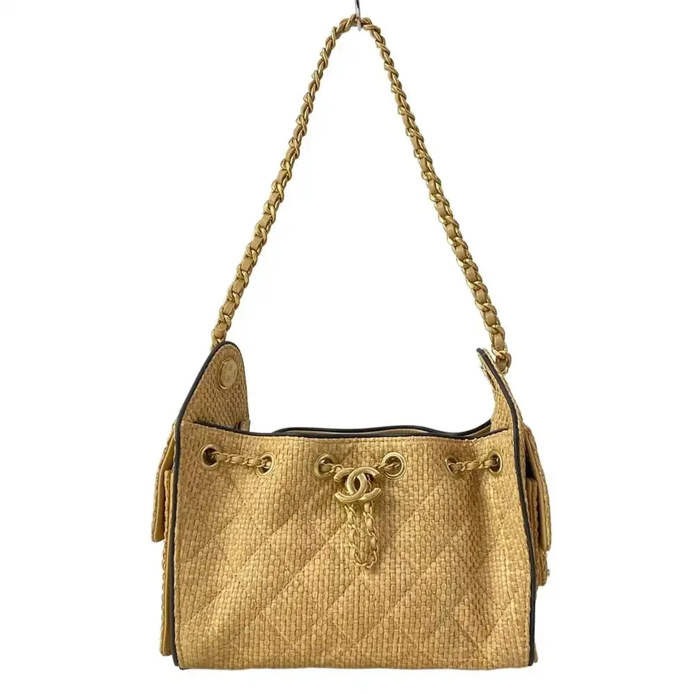 Chanel 25 Shoulder Bag Beige Black Raffia Leather